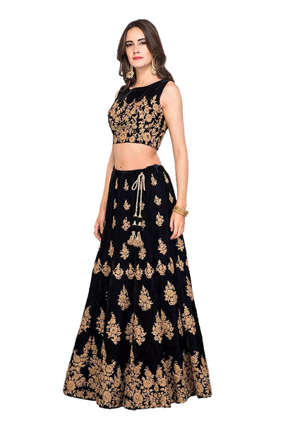 Eralook taffeta sartin Black lehengha choli for women(free size, BLACK)