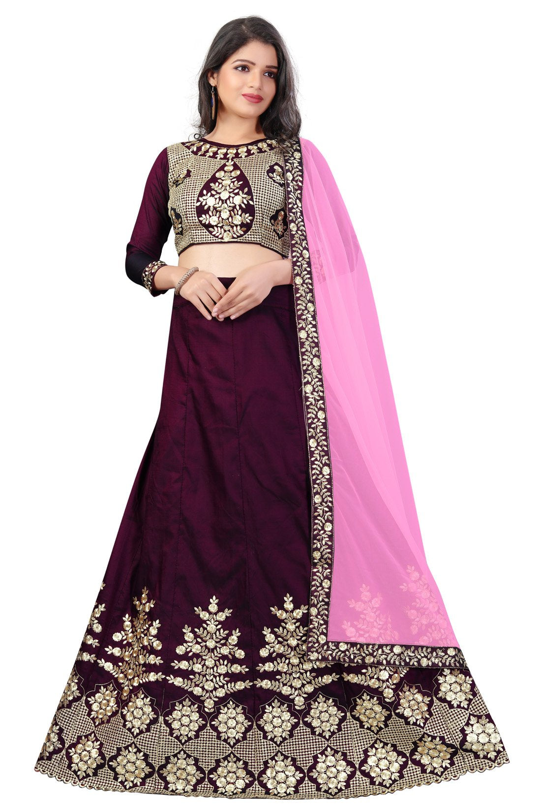 Eralook taffeta Sona Wine lehengha choli for women(free size, Multicolour)