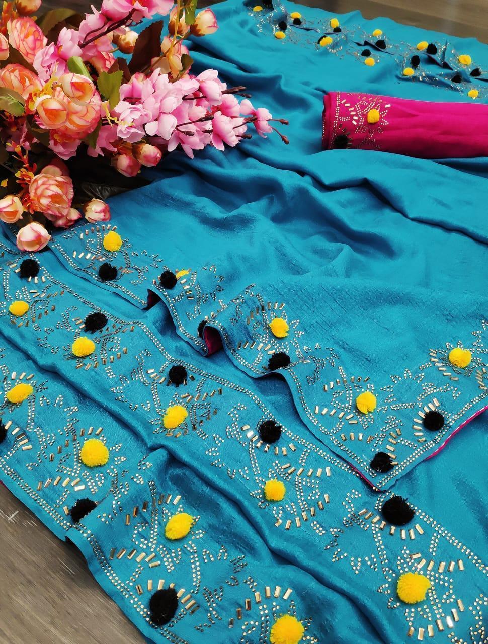 Indiansaari Present  hot fix pum pum work saree for women