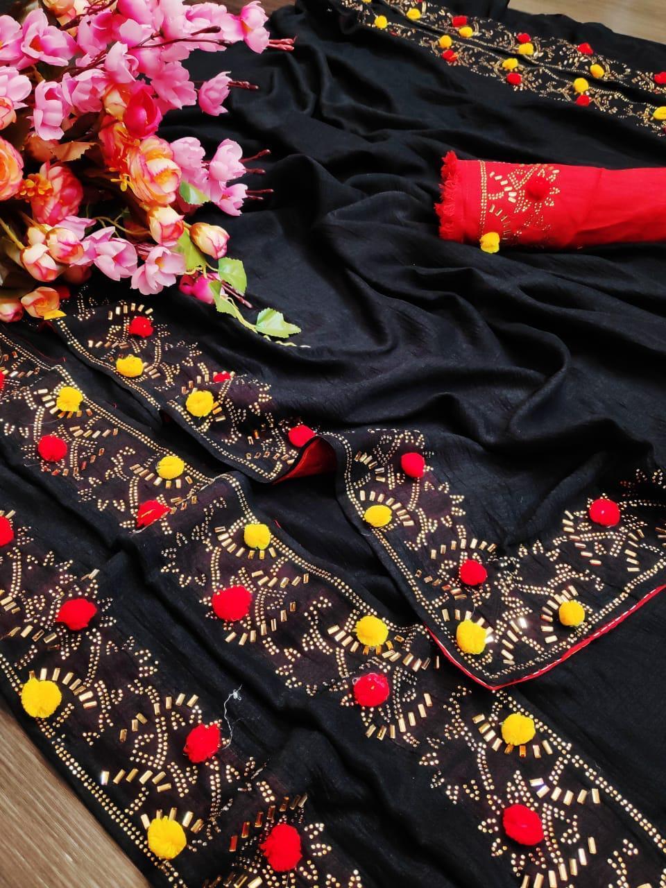 Indiansaari Present  hot fix pum pum work saree for women