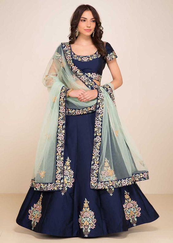 Eralook taffeta sartin Blue Butta lehengha choli for women(free size, BLUE)